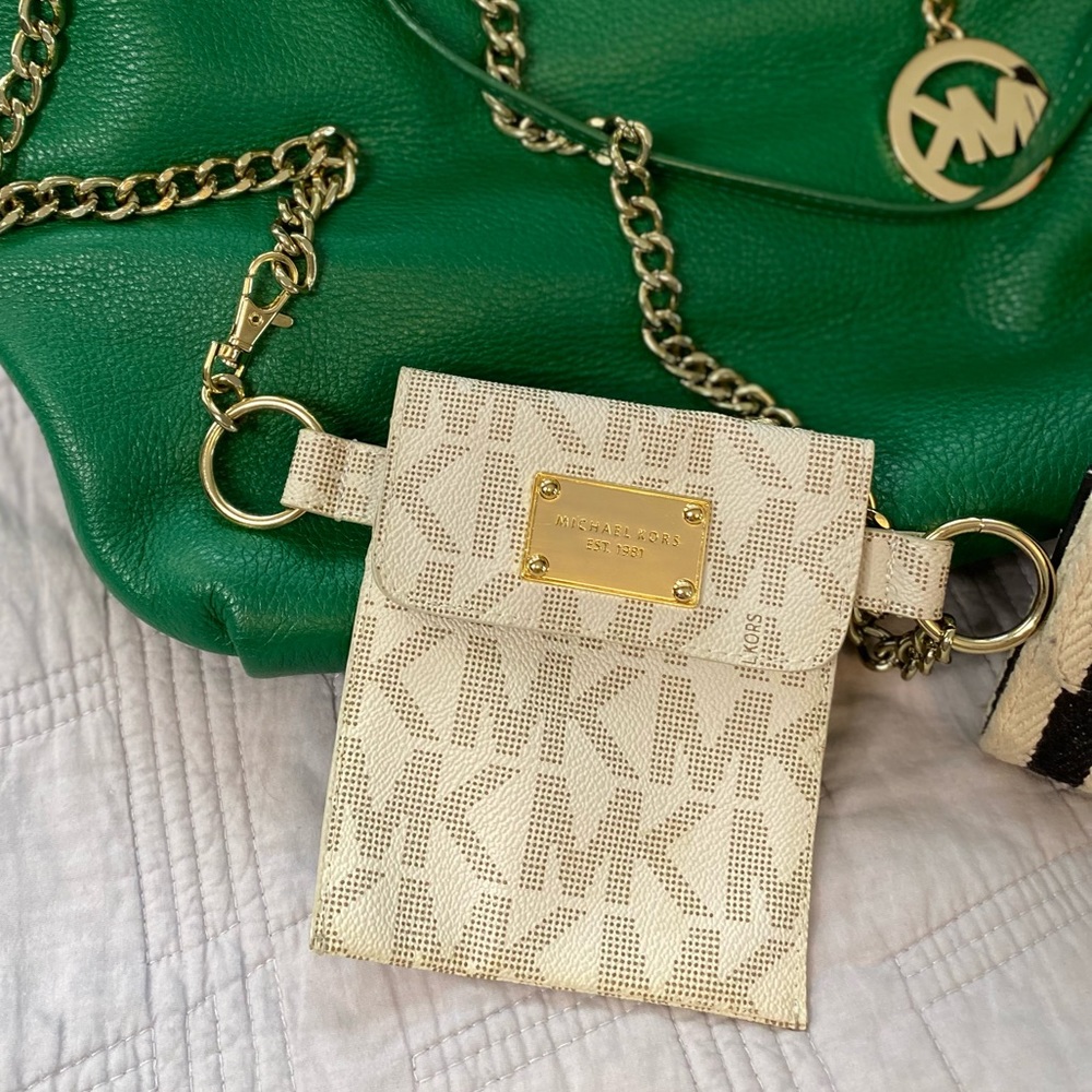 MK Delancy logo hip waist belt bag chain pouch ivory white gold Michael Kors